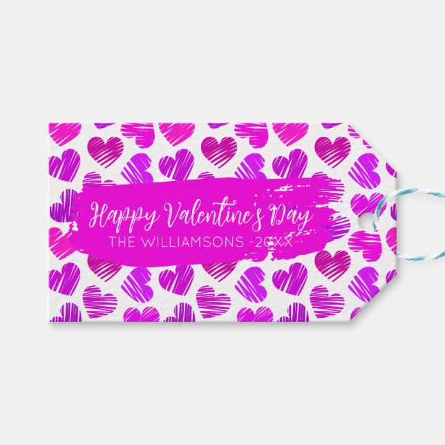 Happy Valentines Day Modern Red Pink Herbst Name Geschenkanhänger (Vorderseite (Horizontal))