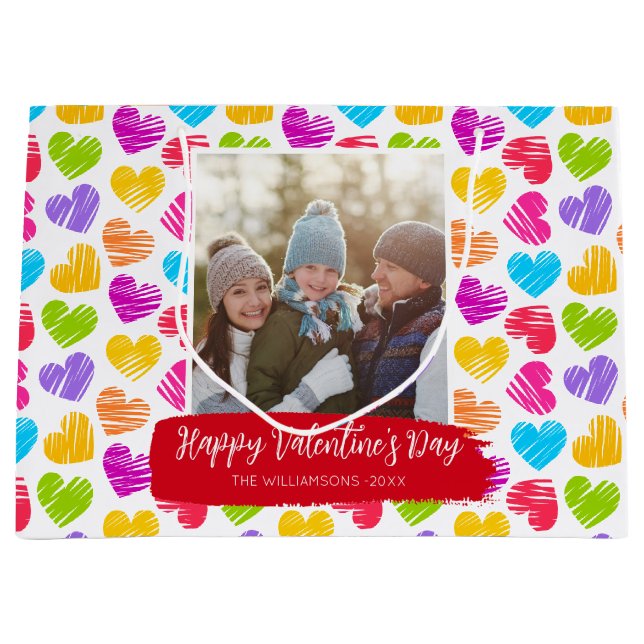Happy Valentines Day Modern Vibrants Hearts Foto Große Geschenktüte (Vorderseite)