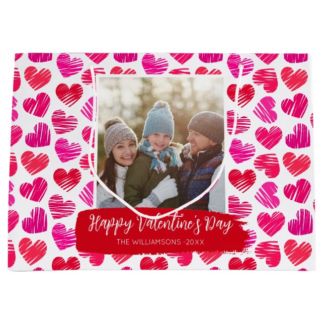 Happy Valentines Day Modernes Rosa Herz Foto Große Geschenktüte (Vorderseite)