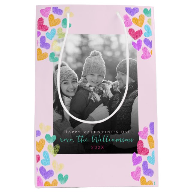 Happy Valentines Day Niedlich Pastel Hearts Foto Mittlere Geschenktüte (Vorderseite)