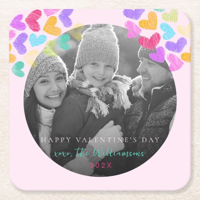 Happy Valentines Day Niedlich Pastel Hearts Foto Rechteckiger Pappuntersetzer (Vorderseite)