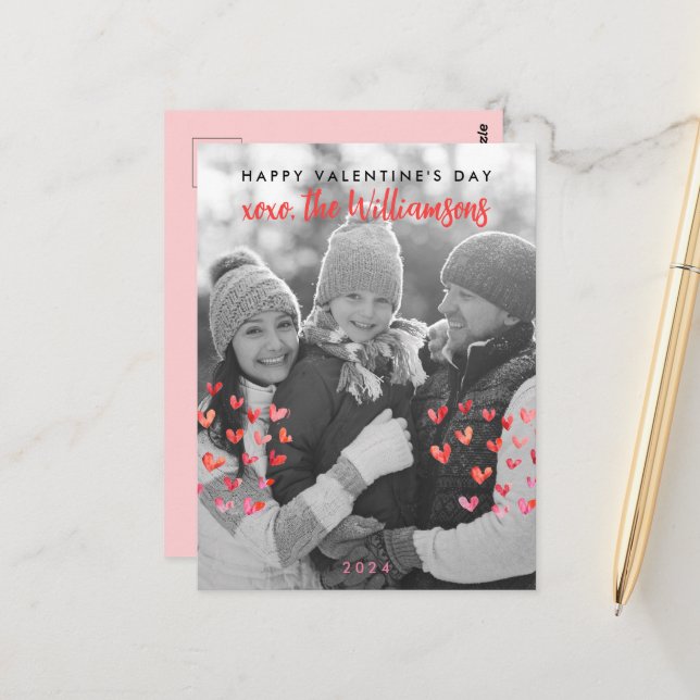 Happy Valentines Day Niedlich Red Hearts Family Fo Postkarte (Vorderseite/Rückseite Beispiel)