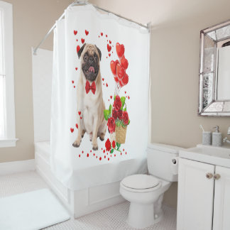 Happy Valentines Day Niedlicher Mops _ Herz Blume  Duschvorhang