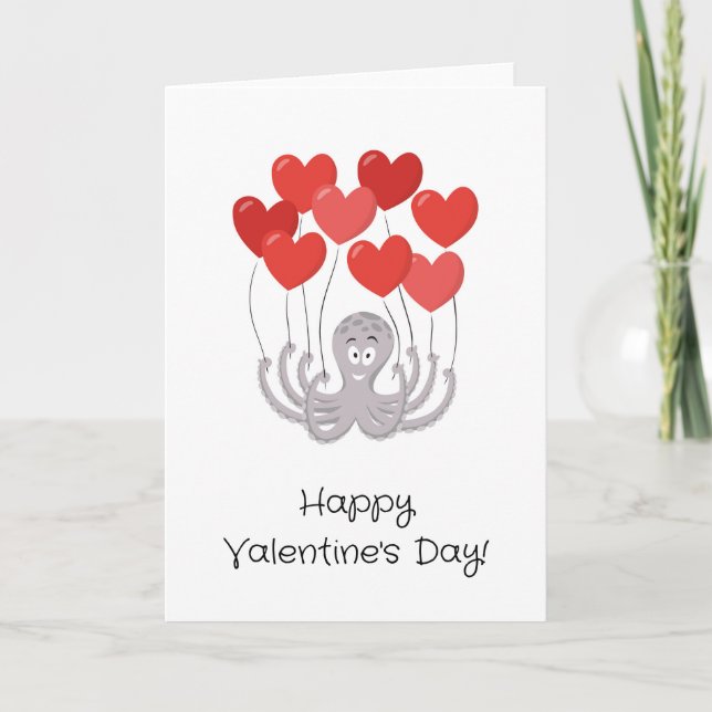 Happy Valentine's Day Octopus Red Heart Balloons Karte (Vorderseite)