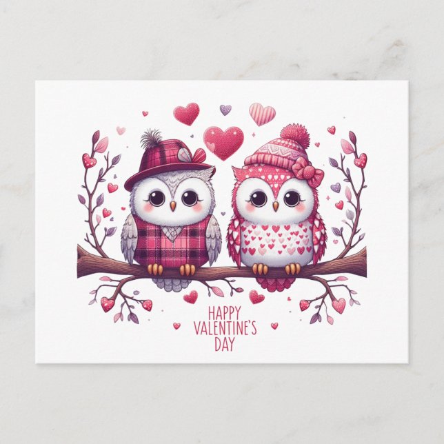 Happy Valentine's Day Owls Feiertagspostkarte (Vorderseite)