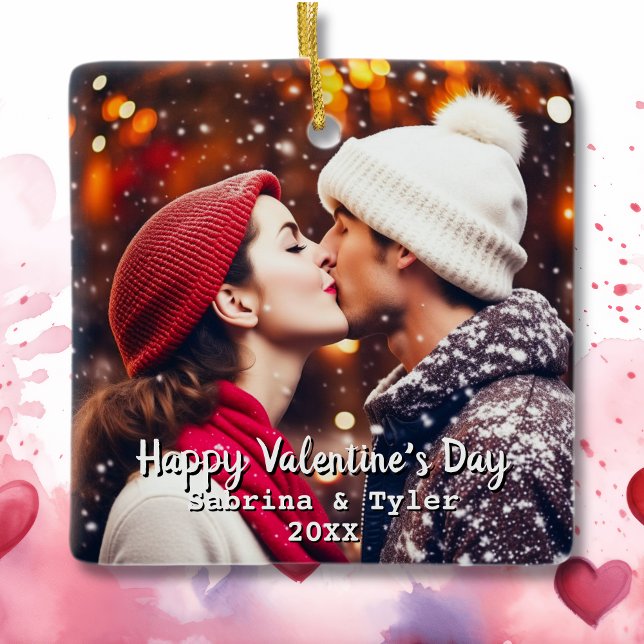 Happy Valentine's Day Personalisiertes Foto & Name Keramikornament (Von Creator hochgeladen)