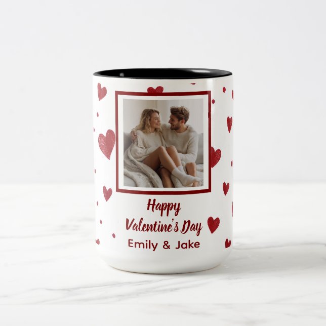 Happy Valentine's Day Personalized Photo Mug Zweifarbige Tasse (Mittel)