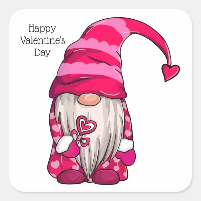 Happy Valentine's Day Pink Gnome Herz Quadratischer Aufkleber (Vorderseite)