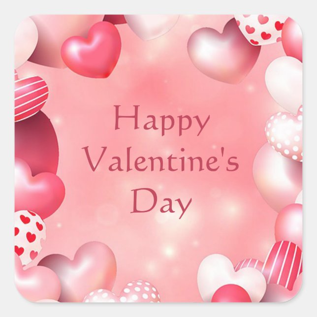 Happy Valentine's Day Pink Heart Ballon Quadratischer Aufkleber (Vorderseite)