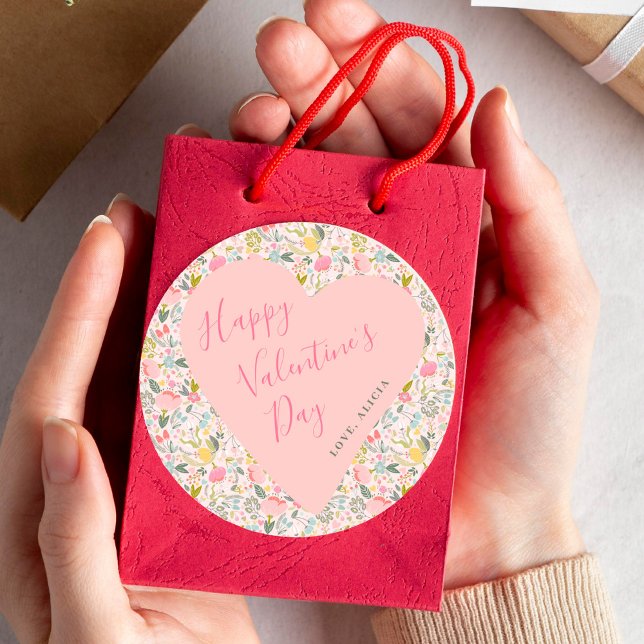 Happy Valentines Day pink heart floral Runder Aufkleber (Von Creator hochgeladen)