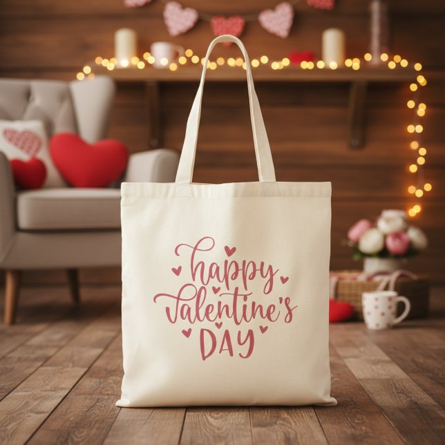 Happy Valentine's Day Pink Script & Hearts Tragetasche (Happy Valentine's Day Pink Script & Hearts Tote Bag)