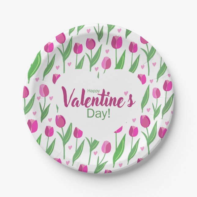 Happy Valentine's Day Pink Tulips Pappteller (Vorderseite)