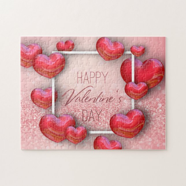 Happy Valentine's Day Red 3D Hearts Glitzer (Horizontal)