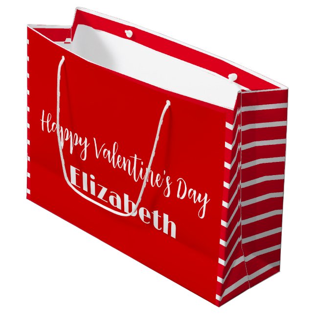 Happy Valentine's Day Red and White Stripes Name Große Geschenktüte (Vorderseite Schrägansicht)