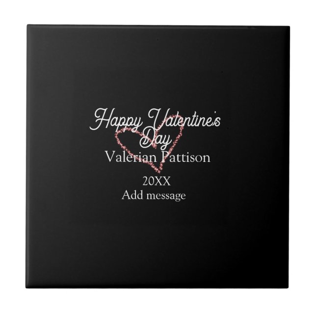 Happy Valentine's day red glitter heart black name Fliese (Vorderseite)
