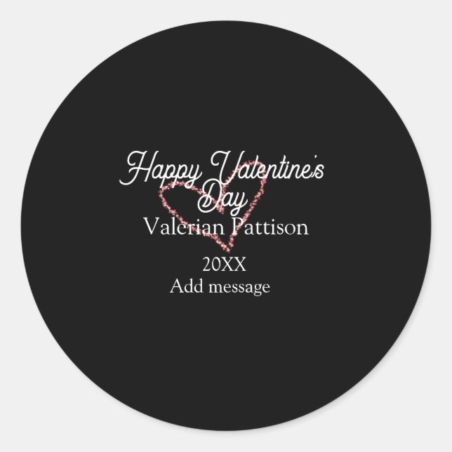 Happy Valentine's day red glitter heart black name Runder Aufkleber (Vorderseite)