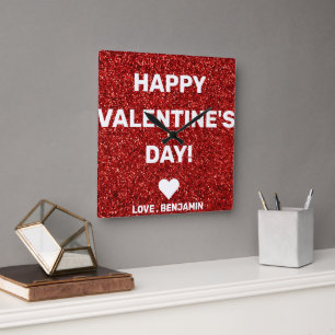 Happy Valentine's Day Red Glitzer Individuelle Nam Quadratische Wanduhr