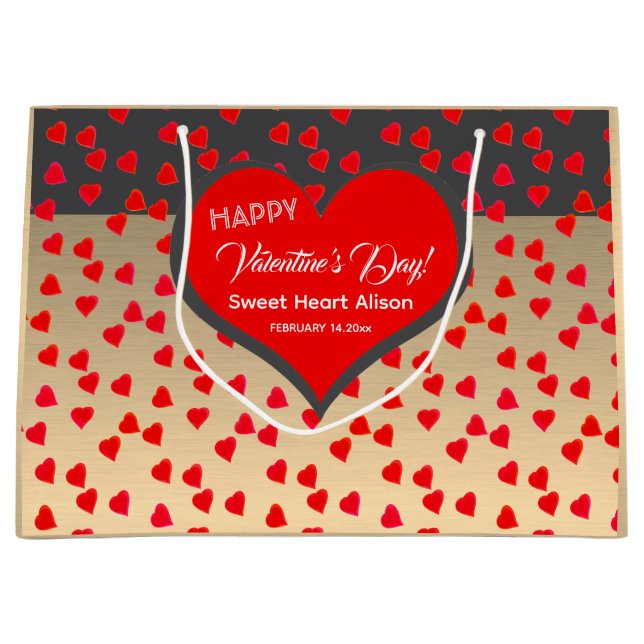 Happy Valentine's Day Red Heart Pattern Gold Schwa Große Geschenktüte (Vorderseite)