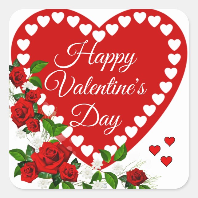 Happy Valentine's Day Red Heart & Rose Quadratischer Aufkleber (Vorderseite)