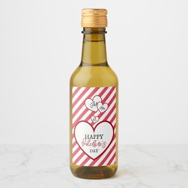 Happy Valentine's Day Red Hearts Chalk Stripes Weinetikett (Vorderseite)