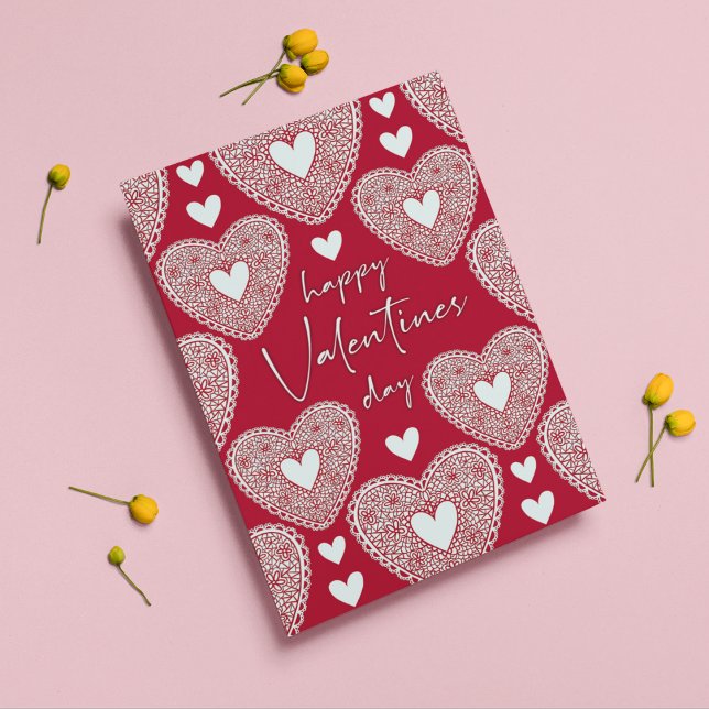 Happy Valentine's Day Red Lace Heart Card Karte (Von Creator hochgeladen)