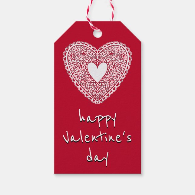 Happy Valentine's Day Red Lace Heart Geschenkanhänger (Vorderseite)