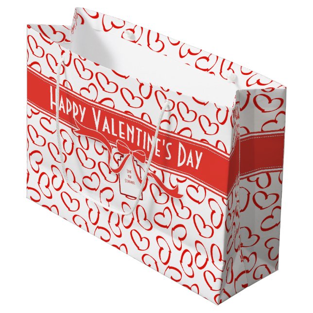 Happy Valentine's Day Red Open Heart Muster Große Geschenktüte (Vorderseite Schrägansicht)