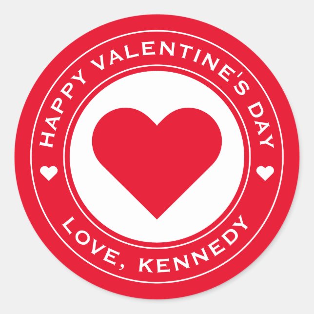 Happy Valentines Day Red White Heart Chic Einzigar Runder Aufkleber (Vorderseite)