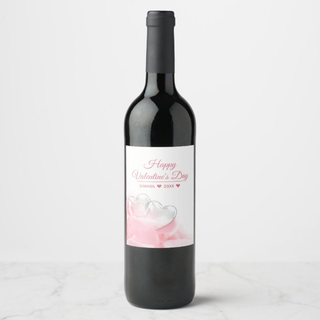 Happy Valentine's Day Romantic Glass Hearts Weinetikett (Vorderseite)