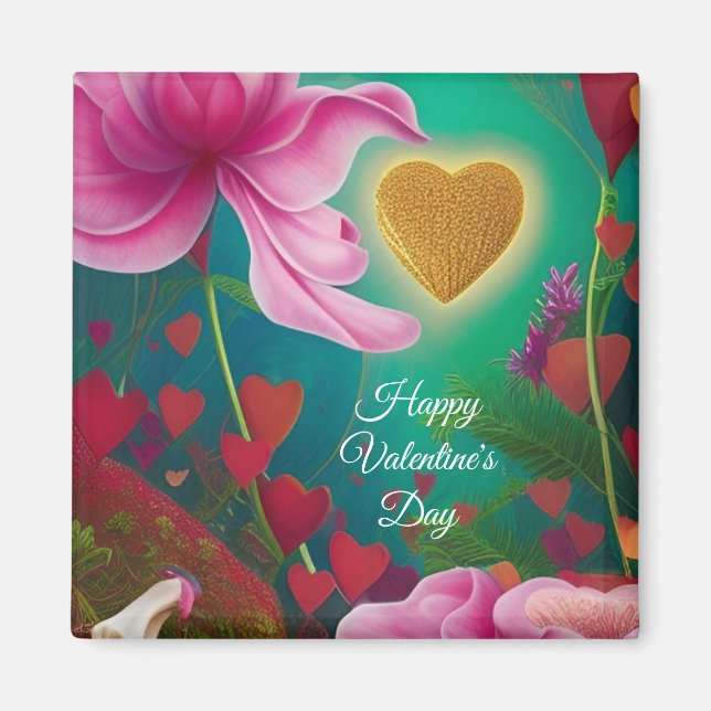Happy Valentines Day - Rosa Blume und Herzen Magnet (Vorne)