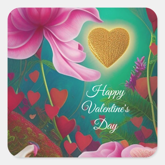 Happy Valentines Day - Rosa Blume und Herzen Quadratischer Aufkleber (Vorderseite)