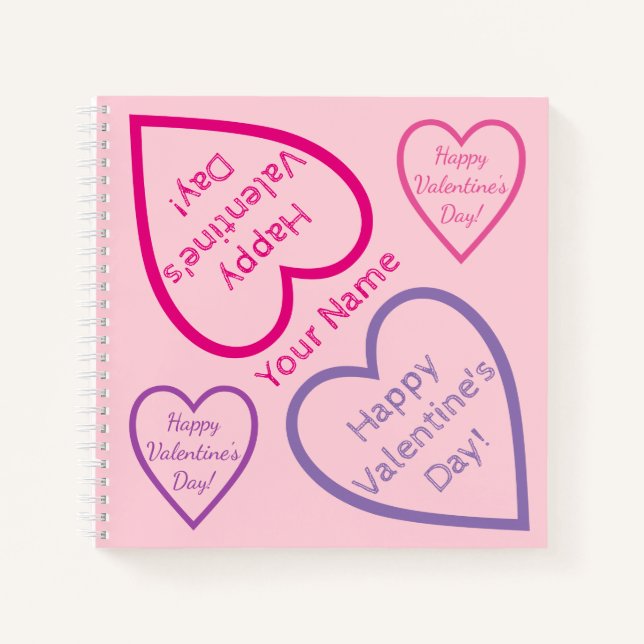 Happy Valentines Day Rosa und Lila Herzname Notizbuch (Vorderseite)