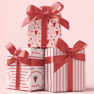 Happy Valentines Day Rosa und Rote Streifen & Herz Geschenkpapier Set