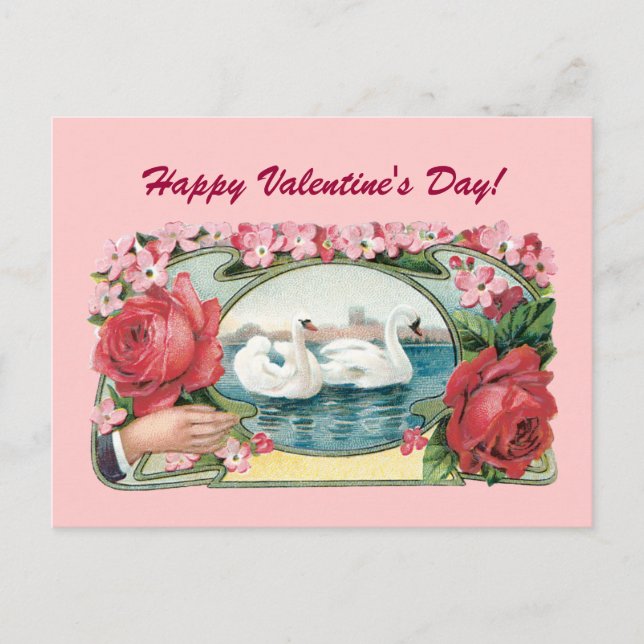 Happy Valentine's Day Rose Swans Postkarte (Vorderseite)