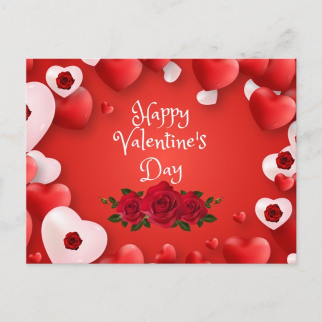 Happy Valentine's Day Rote Herzen und Rose Postkarte (Vorderseite)