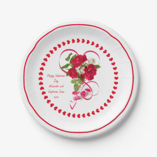 Happy Valentine's Day Rote Rose Foto & Ribbon Pappteller