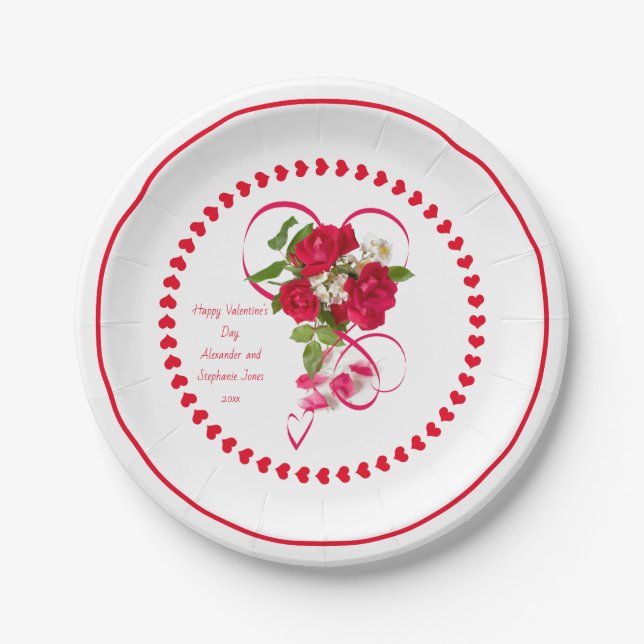 Happy Valentine's Day Rote Rose Foto & Ribbon Pappteller (Vorderseite)