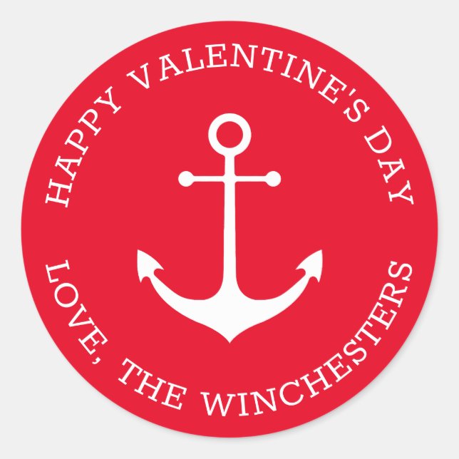 Happy Valentine's Day roter nautischer Anker Brauc Runder Aufkleber (Vorderseite)