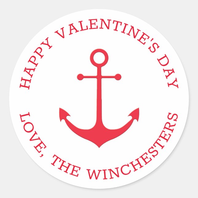 Happy Valentine's Day roter nautischer Anker Brauc Runder Aufkleber (Vorderseite)