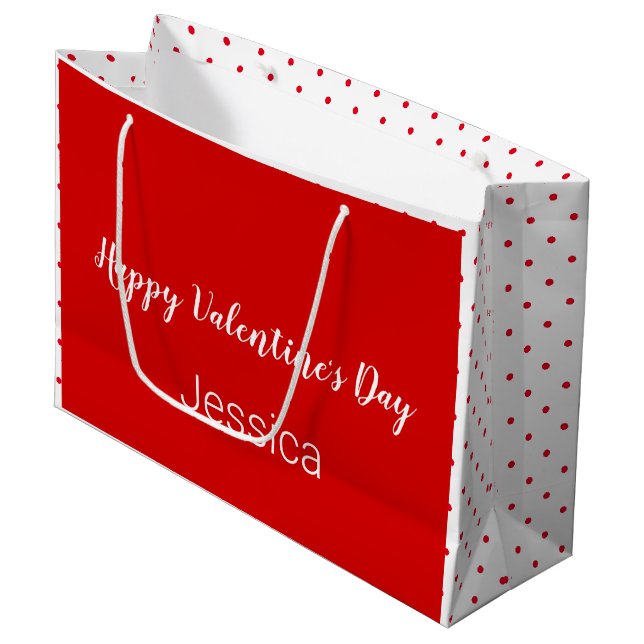 Happy Valentine's Day Schwarz und Rot mit Punkten Große Geschenktüte (Vorderseite Schrägansicht)