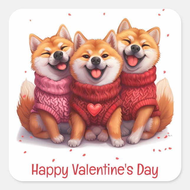 Happy Valentines Day Shiba Inu Hunde Quadratischer Aufkleber (Vorderseite)