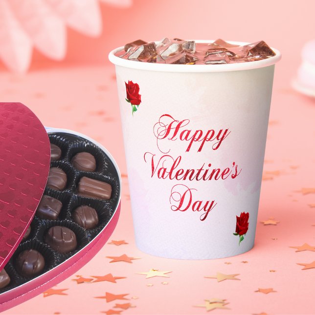 Happy Valentine's Day Soft Pastel Rote Rosen Party Pappbecher (Happy Valentine's Day Soft Pastel Red Roses Party Paper Cups)