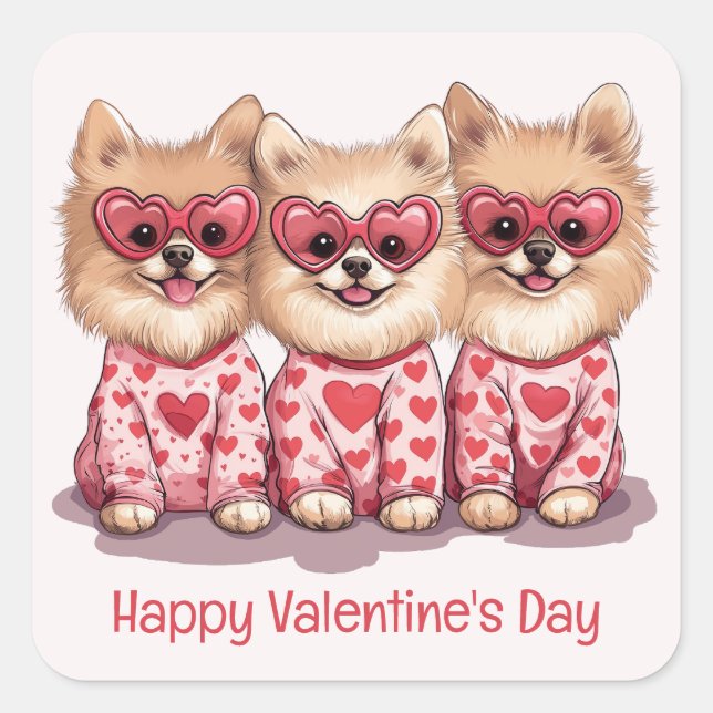 Happy Valentines Day Spitz Hunde Quadratischer Aufkleber (Vorderseite)