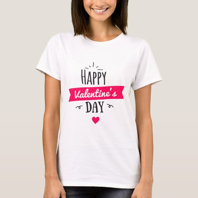 Happy Valentine's Day Text mit rosa Herz T-Shirt (Vorderseite)