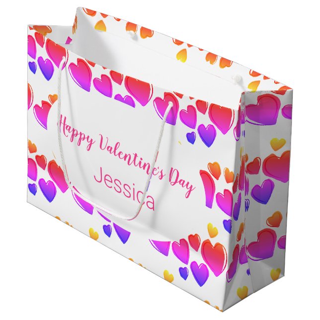 Happy Valentine's Day Weiße Lila und rosa Herzen Große Geschenktüte (Vorderseite Schrägansicht)
