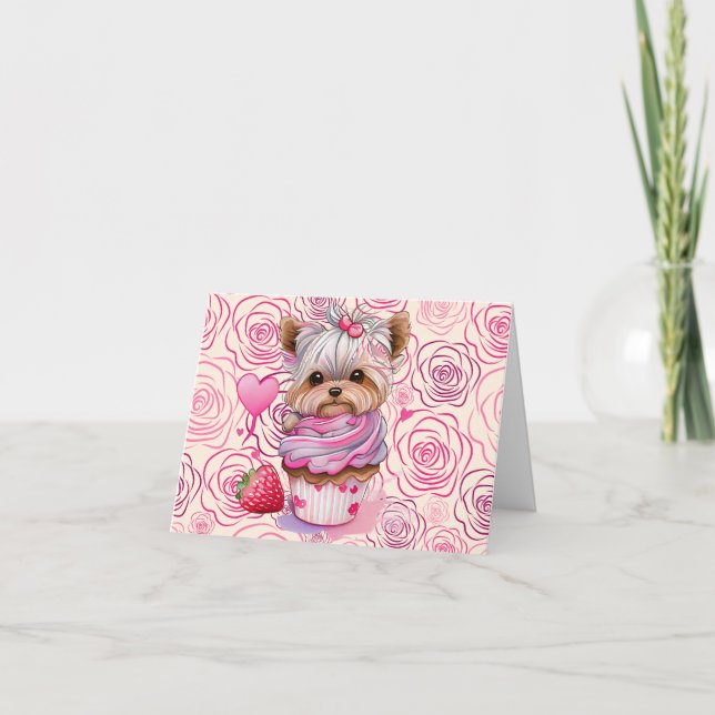 Happy Valentine's Day Welpe Hund Cupcake Rose Karte (Vorderseite)