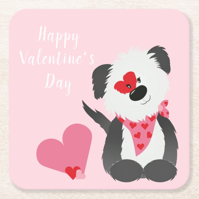 Happy Valentines Day Welppy Hearts Pink Rechteckiger Pappuntersetzer (Vorderseite)