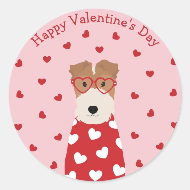 Happy Valentines Day Wire Fox Terrier Dog Runder Aufkleber (Vorderseite)