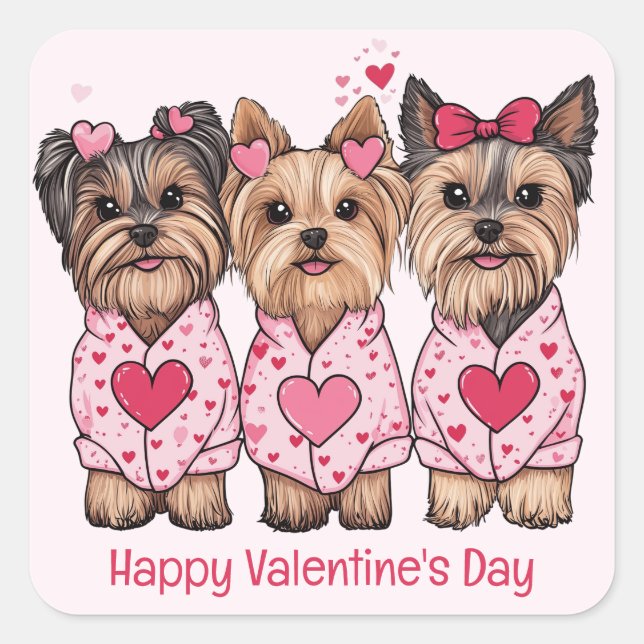 Happy Valentines Day Yorkie Dogs Quadratischer Aufkleber (Vorderseite)