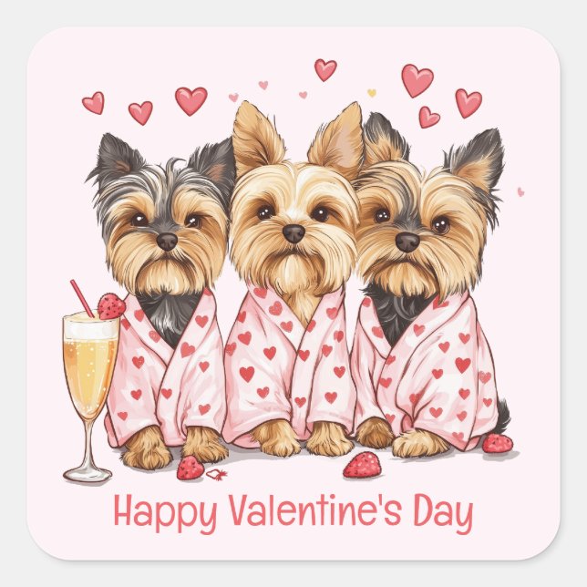 Happy Valentines Day Yorkie Dogs Quadratischer Aufkleber (Vorderseite)
